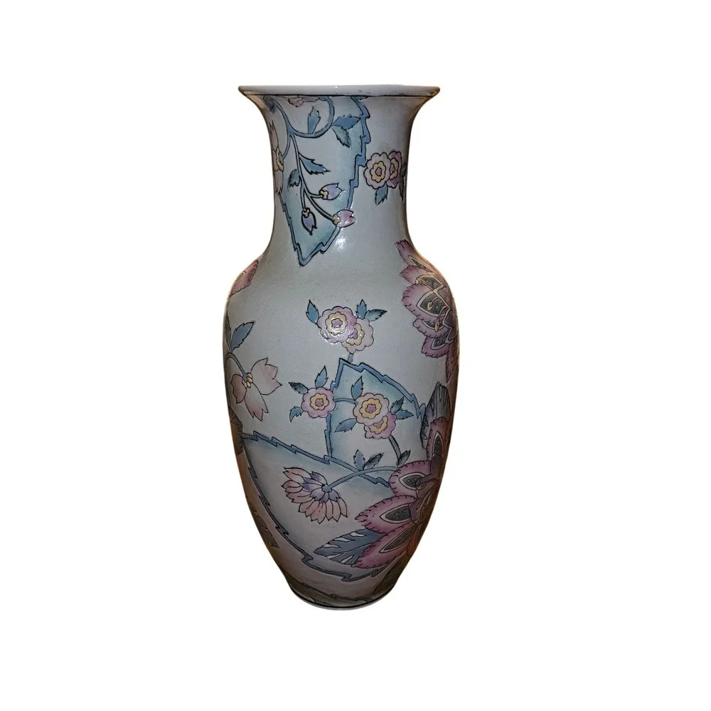 Vintage 1980s WBI Chinese Porcelain Floral Vase Pink Blue 12 Inch Baluster